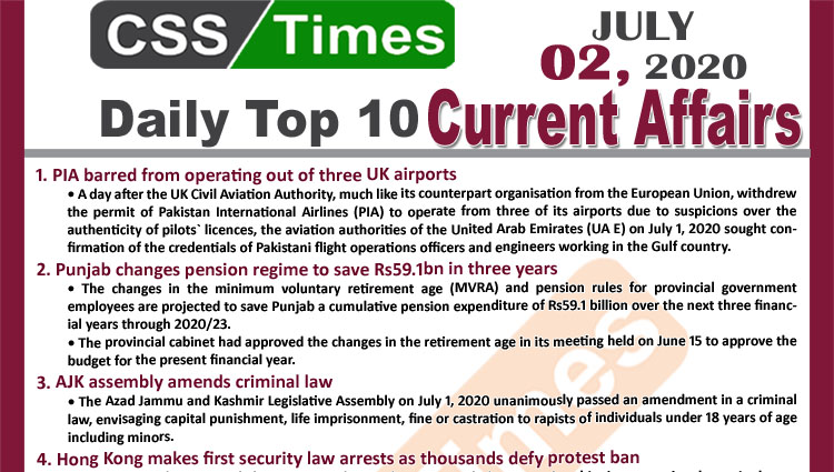 Daily Top-10 Current Affairs MCQs / News (July 02, 2020) for CSS, PMS
