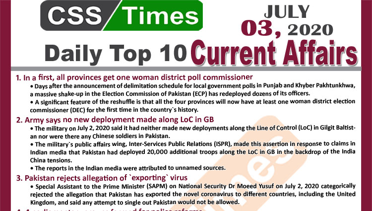 Daily Top-10 Current Affairs MCQs / News (July 03, 2020) for CSS, PMS