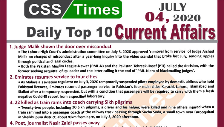 Daily Top-10 Current Affairs MCQs / News (July 04, 2020) for CSS, PMS