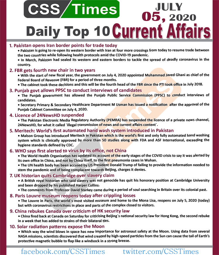 Daily Top-10 Current Affairs MCQs / News (July 05, 2020) for CSS, PMS