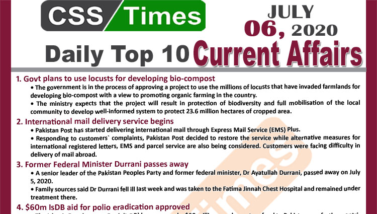 Daily Top-10 Current Affairs MCQs / News (July 06, 2020) for CSS, PMS