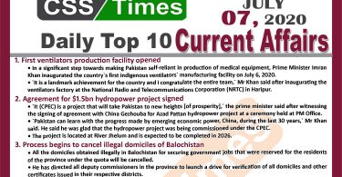 Daily Top-10 Current Affairs MCQs / News (July 07, 2020) for CSS, PMS