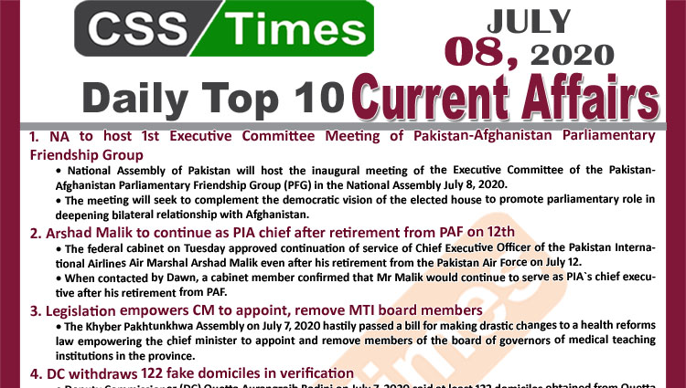 Daily Top-10 Current Affairs MCQs / News (July 08, 2020) for CSS, PMS