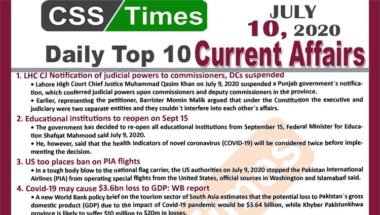 Daily Top-10 Current Affairs MCQs / News (July 10, 2020) for CSS, PMS