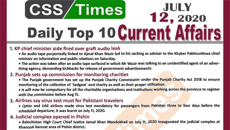 Daily Top-10 Current Affairs MCQs / News (July 12, 2020) for CSS, PMS