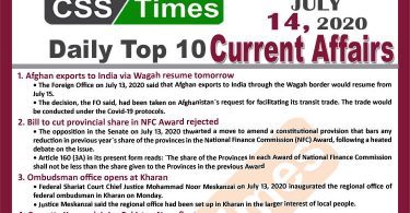 Daily Top-10 Current Affairs MCQs / News (July 14, 2020) for CSS, PMS