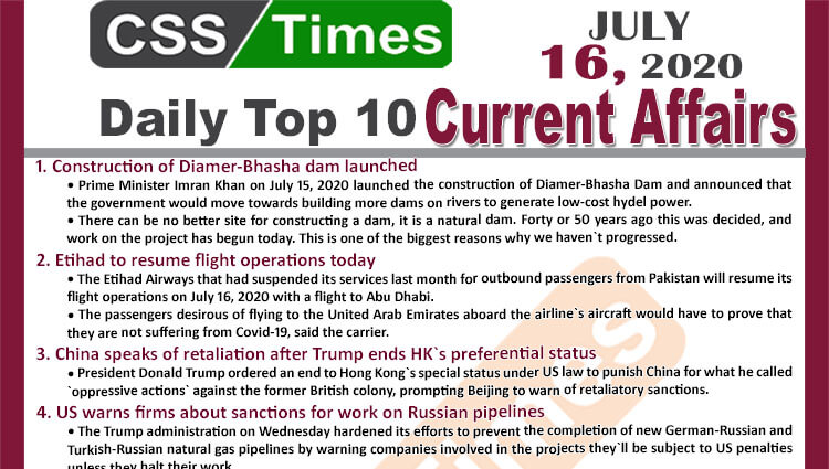 Daily Top-10 Current Affairs MCQs / News (July 16, 2020) for CSS, PMS