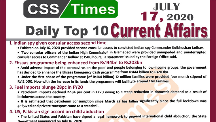 Daily Top-10 Current Affairs MCQs / News (July 17, 2020) for CSS, PMS