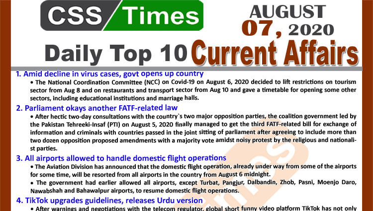 Daily Top-10 Current Affairs MCQs / News (August 07, 2020) for CSS, PMS