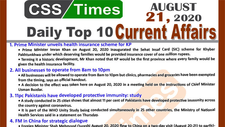 Daily Top-10 Current Affairs MCQs / News (August 21, 2020) for CSS, PMS