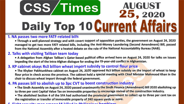 Daily Top-10 Current Affairs MCQs / News (August 25, 2020) for CSS, PMS