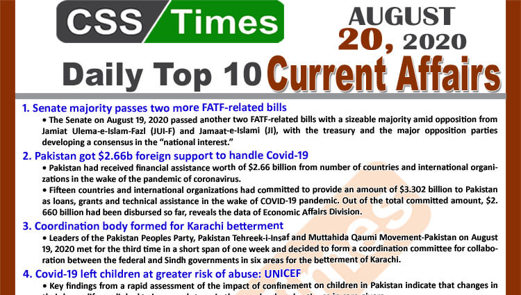 Daily Top-10 Current Affairs MCQs / News (August 20, 2020) for CSS, PMS
