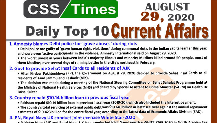 Daily Top-10 Current Affairs MCQs / News (August 29, 2020) for CSS, PMS