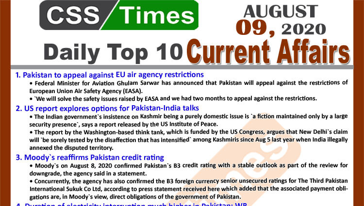 Daily Top-10 Current Affairs MCQs / News (August 09, 2020) for CSS, PMS