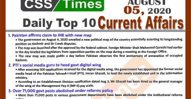 Daily Top-10 Current Affairs MCQs / News (August 05, 2020) for CSS, PMS