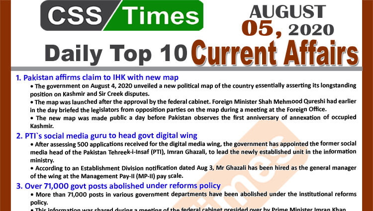 Daily Top-10 Current Affairs MCQs / News (August 05, 2020) for CSS, PMS