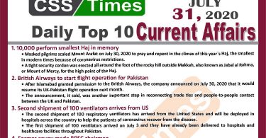 Daily Top-10 Current Affairs MCQs / News (July 31, 2020) for CSS, PMS