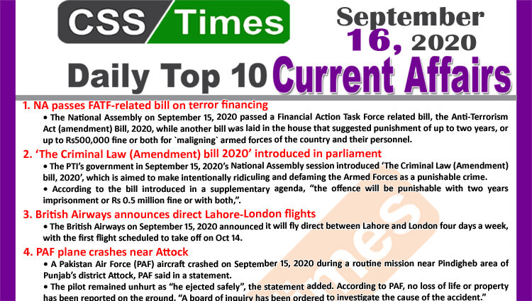 Daily Top-10 Current Affairs MCQs / News (September 16, 2020) for CSS, PMS