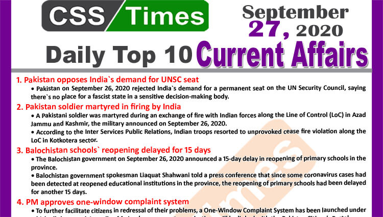 Daily Top-10 Current Affairs MCQs / News (September 27, 2020) for CSS, PMS