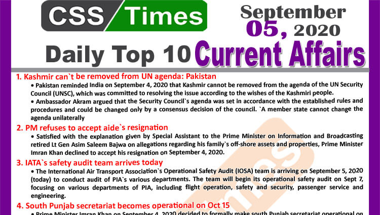 Daily Top-10 Current Affairs MCQs / News (September 05, 2020) for CSS, PMS