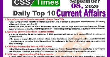 Daily Top-10 Current Affairs MCQs / News (September 08, 2020) for CSS, PMS