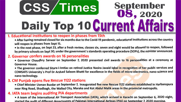 Daily Top-10 Current Affairs MCQs / News (September 08, 2020) for CSS, PMS