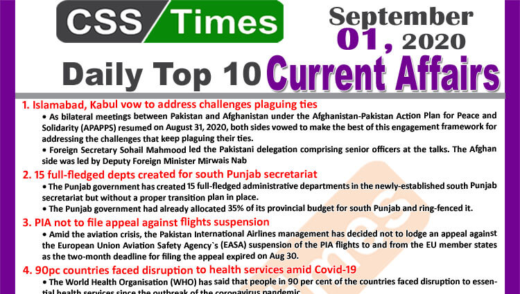 Daily Top-10 Current Affairs MCQs / News (September 01, 2020) for CSS, PMS