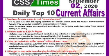 Daily Top-10 Current Affairs MCQs / News (September 02, 2020) for CSS, PMS