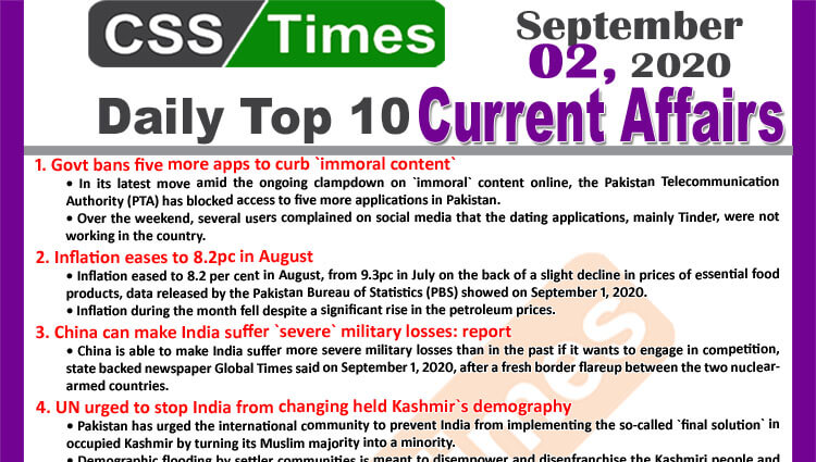 Daily Top-10 Current Affairs MCQs / News (September 02, 2020) for CSS, PMS