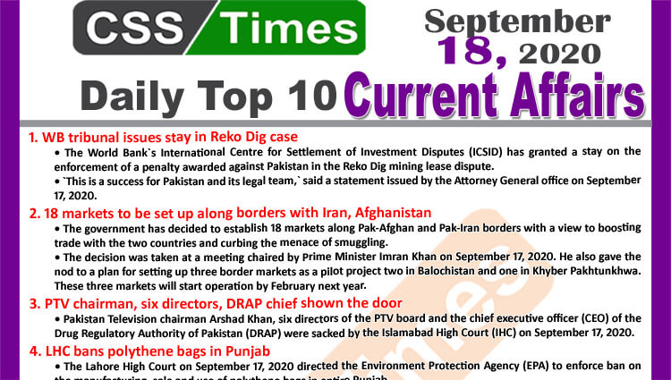 Daily Top-10 Current Affairs MCQs / News (September 18, 2020) for CSS, PMS