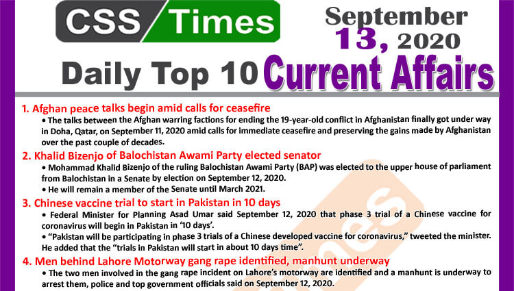 Daily Top-10 Current Affairs MCQs / News (September 13, 2020) for CSS, PMS