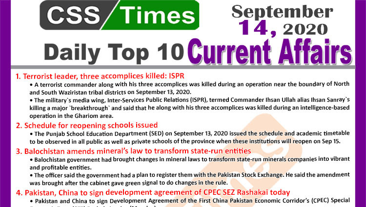 Daily Top-10 Current Affairs MCQs / News (September 14, 2020) for CSS, PMS