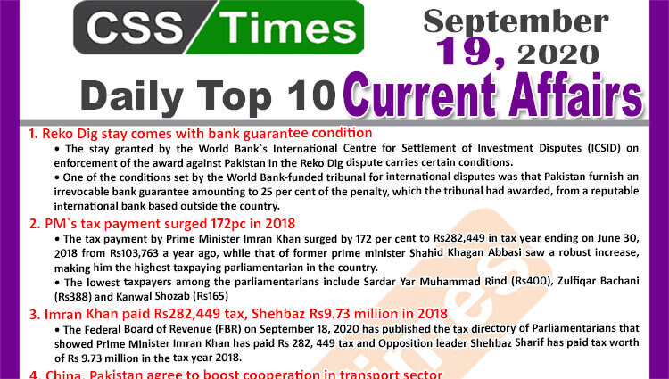 Daily Top-10 Current Affairs MCQs / News (September 19, 2020) for CSS, PMS