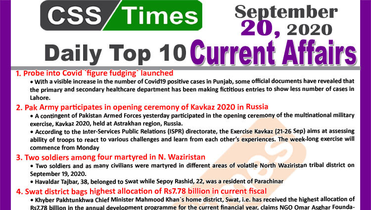Daily Top-10 Current Affairs MCQs / News (September 20, 2020) for CSS, PMS
