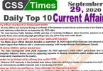 Daily Top-10 Current Affairs MCQs / News (September 29, 2020) for CSS, PMS