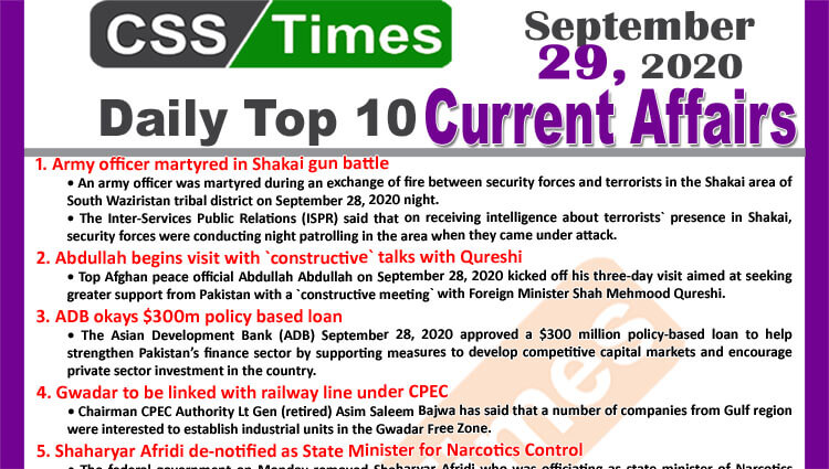 Daily Top-10 Current Affairs MCQs / News (September 29, 2020) for CSS, PMS