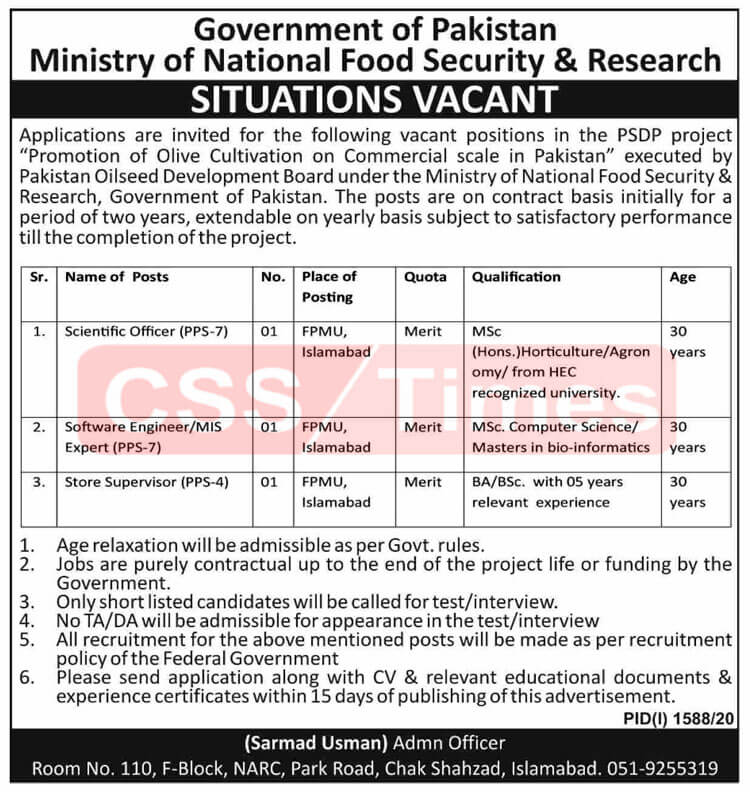 Situationns Vacant in Ministry of National Food Security & Research, Government of Pakistan