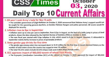 Daily Top-10 Current Affairs MCQs / News (October 03, 2020) for CSS, PMS