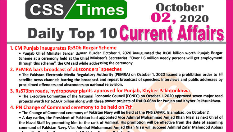 Daily Top-10 Current Affairs MCQs / News (October 02, 2020) for CSS, PMS