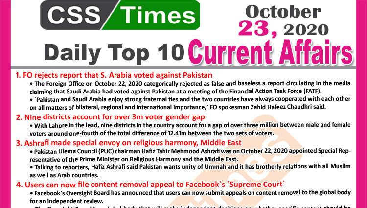 Daily Top-10 Current Affairs MCQs / News (October 23, 2020) for CSS, PMS
