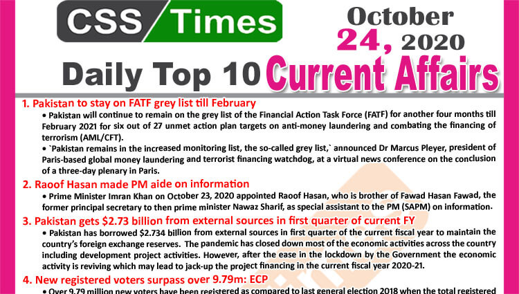 Daily Top-10 Current Affairs MCQs / News (October 24, 2020) for CSS, PMS
