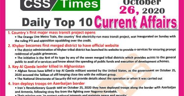 Daily Top-10 Current Affairs MCQs / News (October 26, 2020) for CSS, PMS