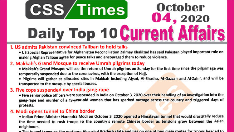 Daily Top-10 Current Affairs MCQs / News (October 04, 2020) for CSS, PMS