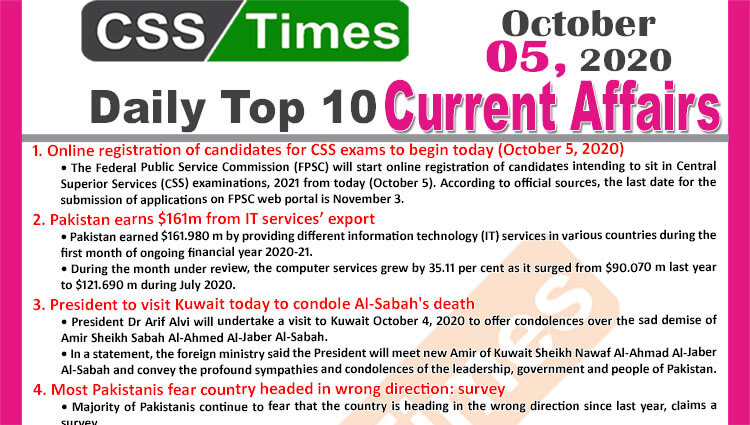 Daily Top-10 Current Affairs MCQs / News (October 05, 2020) for CSS, PMS