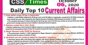 Daily Top-10 Current Affairs MCQs / News (October 06, 2020) for CSS, PMS