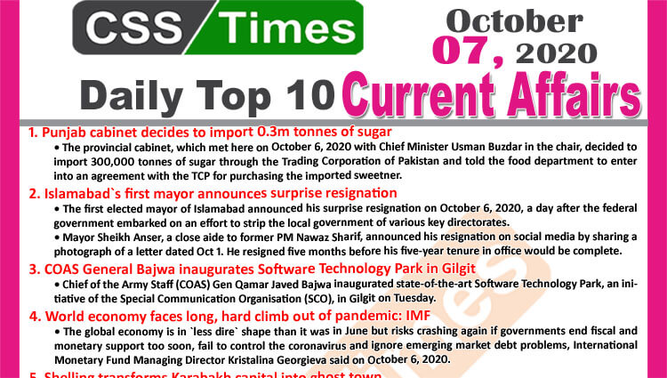 Daily Top-10 Current Affairs MCQs / News (October 07, 2020) for CSS, PMS