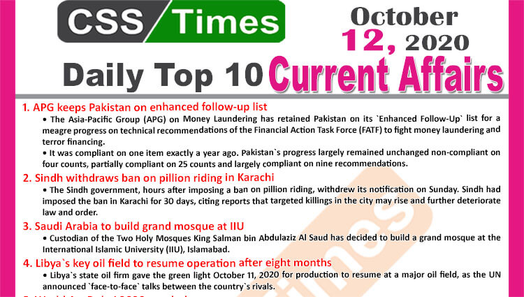 Daily Top-10 Current Affairs MCQs News (October 12, 2020) for CSS, PMS