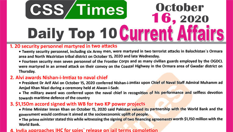 Daily Top-10 Current Affairs MCQs / News (October 16, 2020) for CSS, PMS