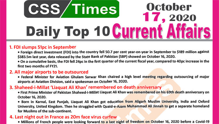 Daily Top-10 Current Affairs MCQs / News (October 17, 2020) for CSS, PMS
