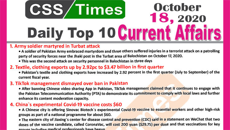 Daily Top-10 Current Affairs MCQs News (October 18, 2020) for CSS, PMS